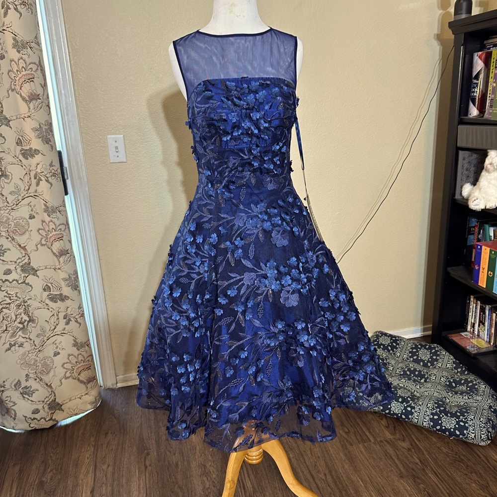 Navy blue Park 108 blue 3D floral illusion neckline dress